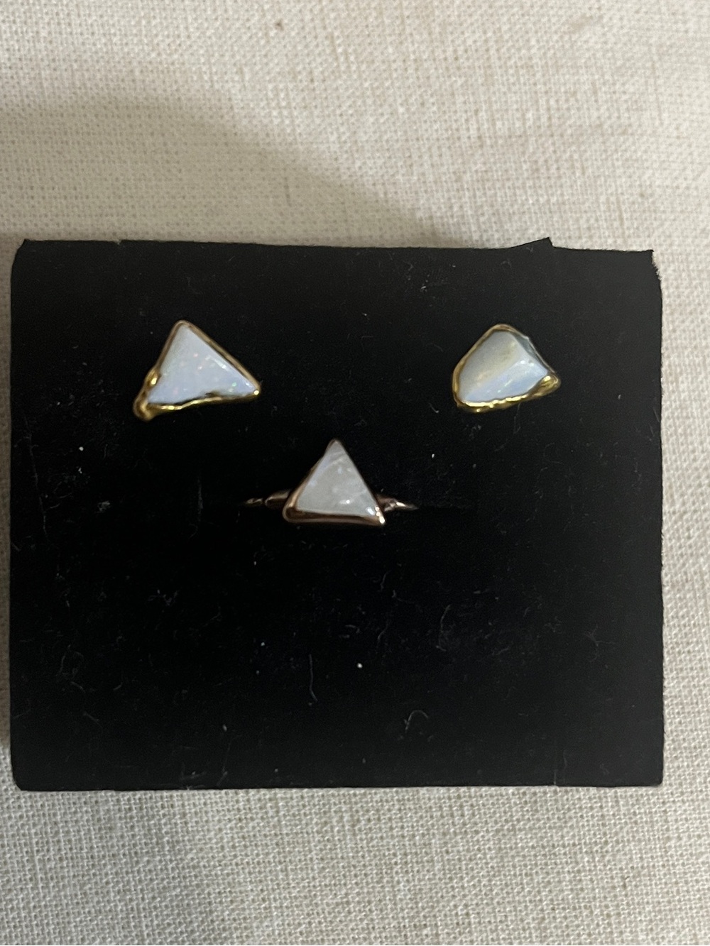Ringcrush Gold Filled Triangle Moonstone Ring & White Opal Earring Set